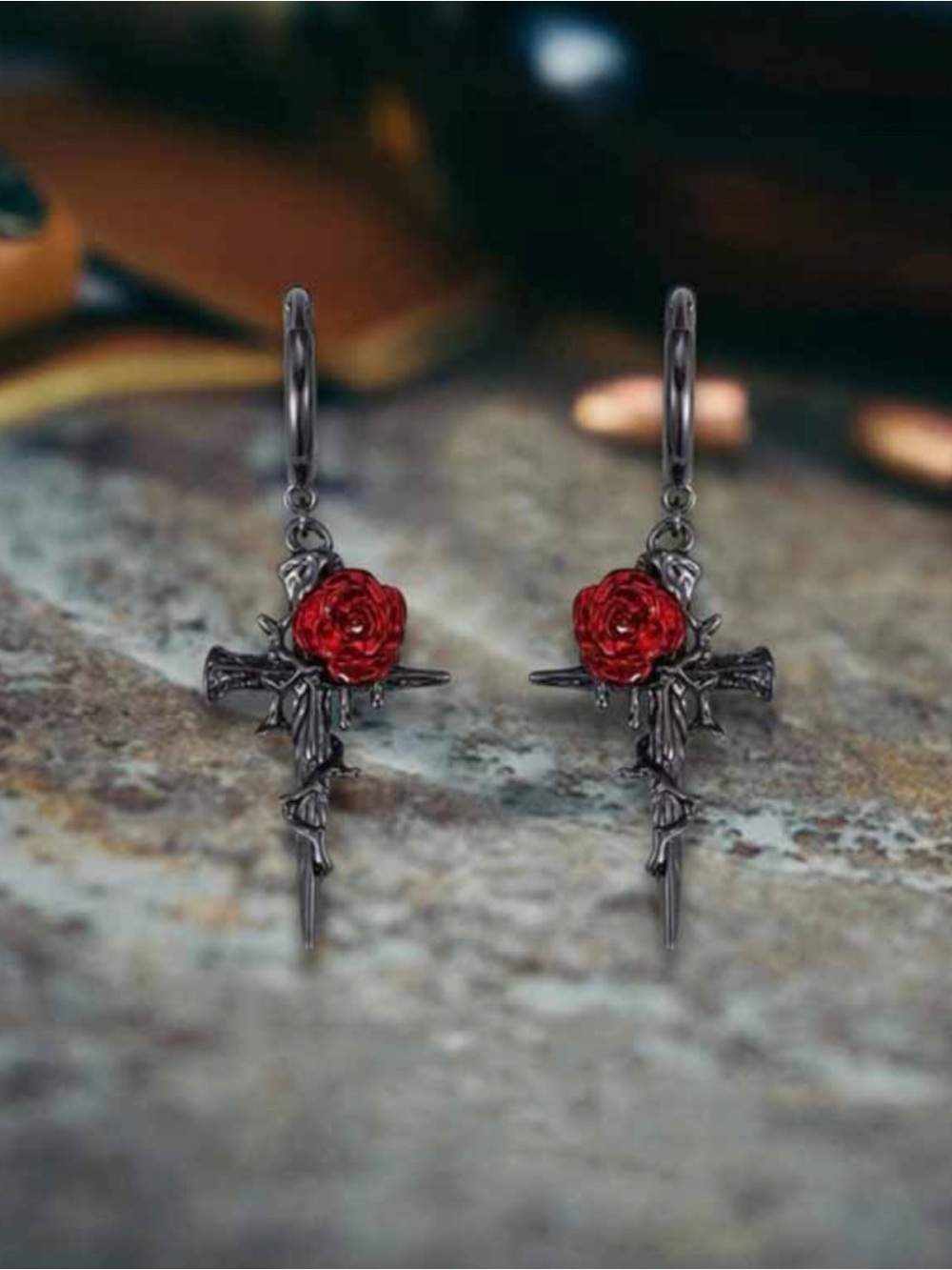 Thorn Cross Drop Earrings with Red Rose Accent